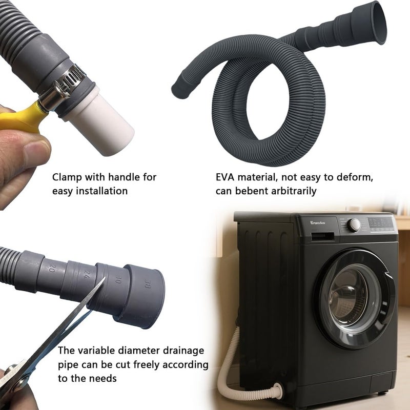 MengMain خرطوم تصريف غسالة، مجموعة تمديد خرطوم تصريف مرنة عالمية لغسالات LG/GE/Samsung، غسالة صحون، مع 1 محول تمديد، 4 مشابك، 1 حامل على شكل U (13 قدم) - Image 2